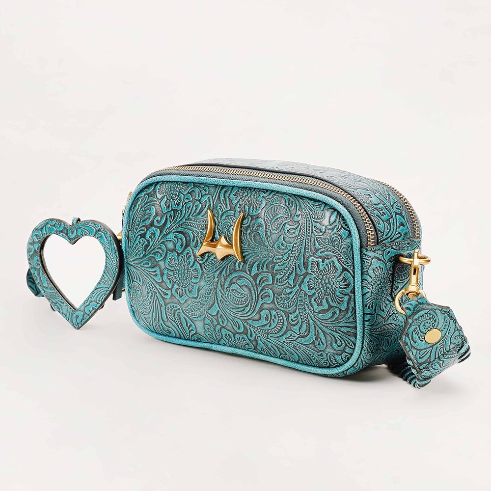 Elegant Teal Embossed Leather Bag LOYAL WEST SOPHIA SHOULDER BAG NEW